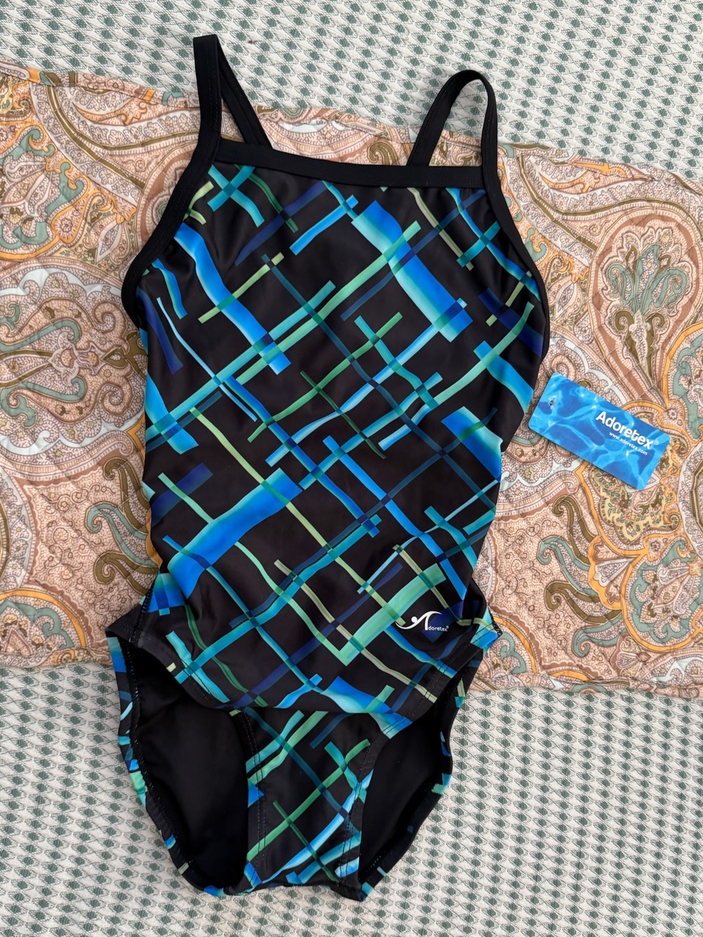 Adoretex Girls Printed Cross Puzzle One Piece Thin Strap Swimsuit Size 8 NWT